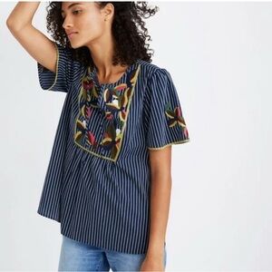 Madewell Blue and White Embellished Blouse with Bib Collar